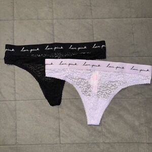 Victoria's Secret PINK Lace Thong Panties Large Lot of 2 Purple Black NWT